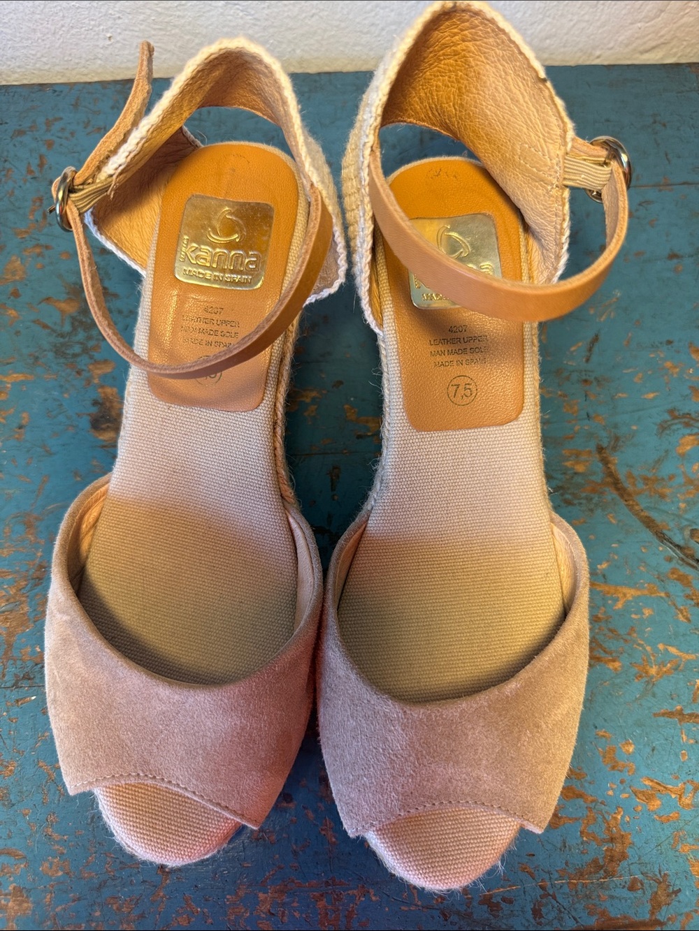 kanna Beige Espadrille Wedge Sandals with Tan Ankle Strap